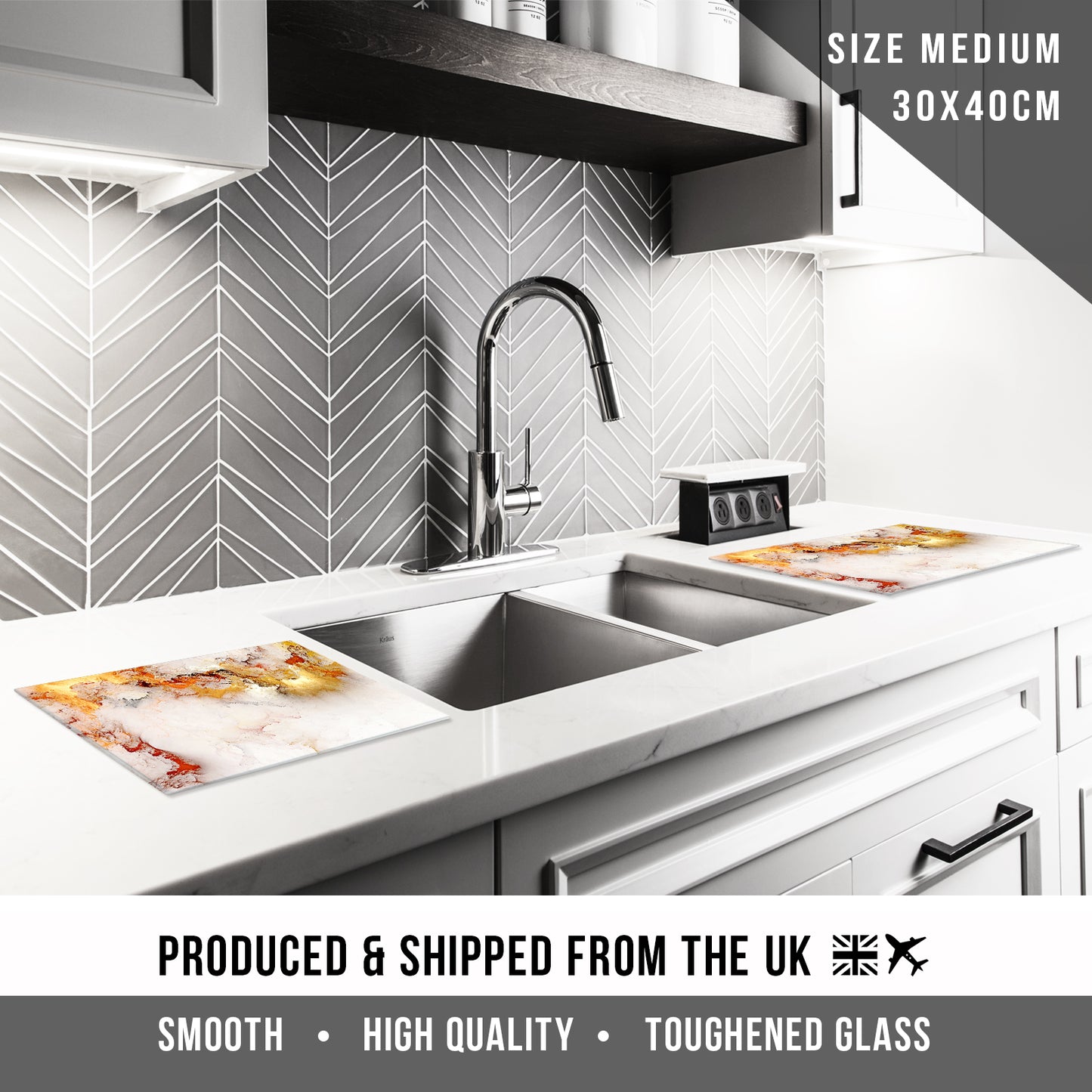 Glass Cutting Board For Kitchen Marble Effect Orange White 2
