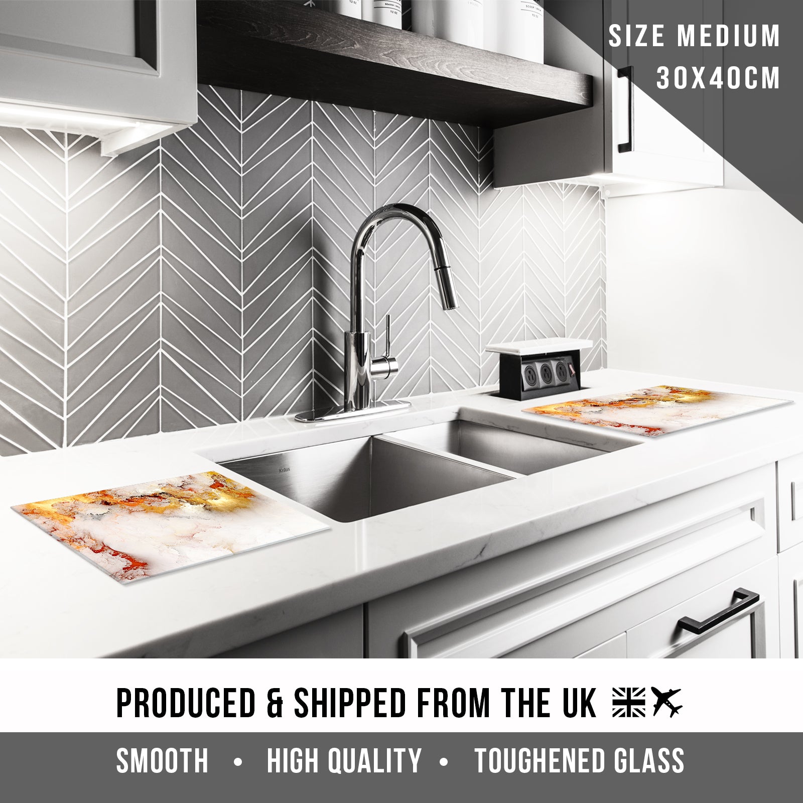 Glass Cutting Board For Kitchen Marble Effect Orange White 2