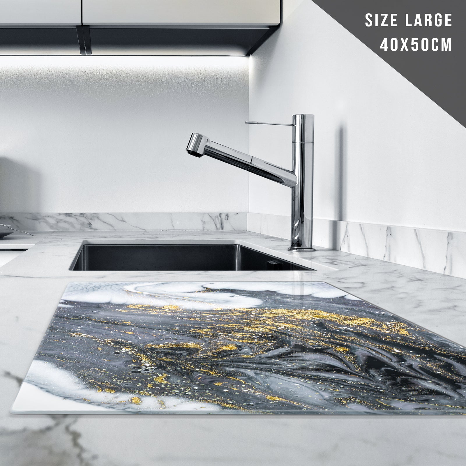 Glass Chopping Board For Kitchen Grey White Gold