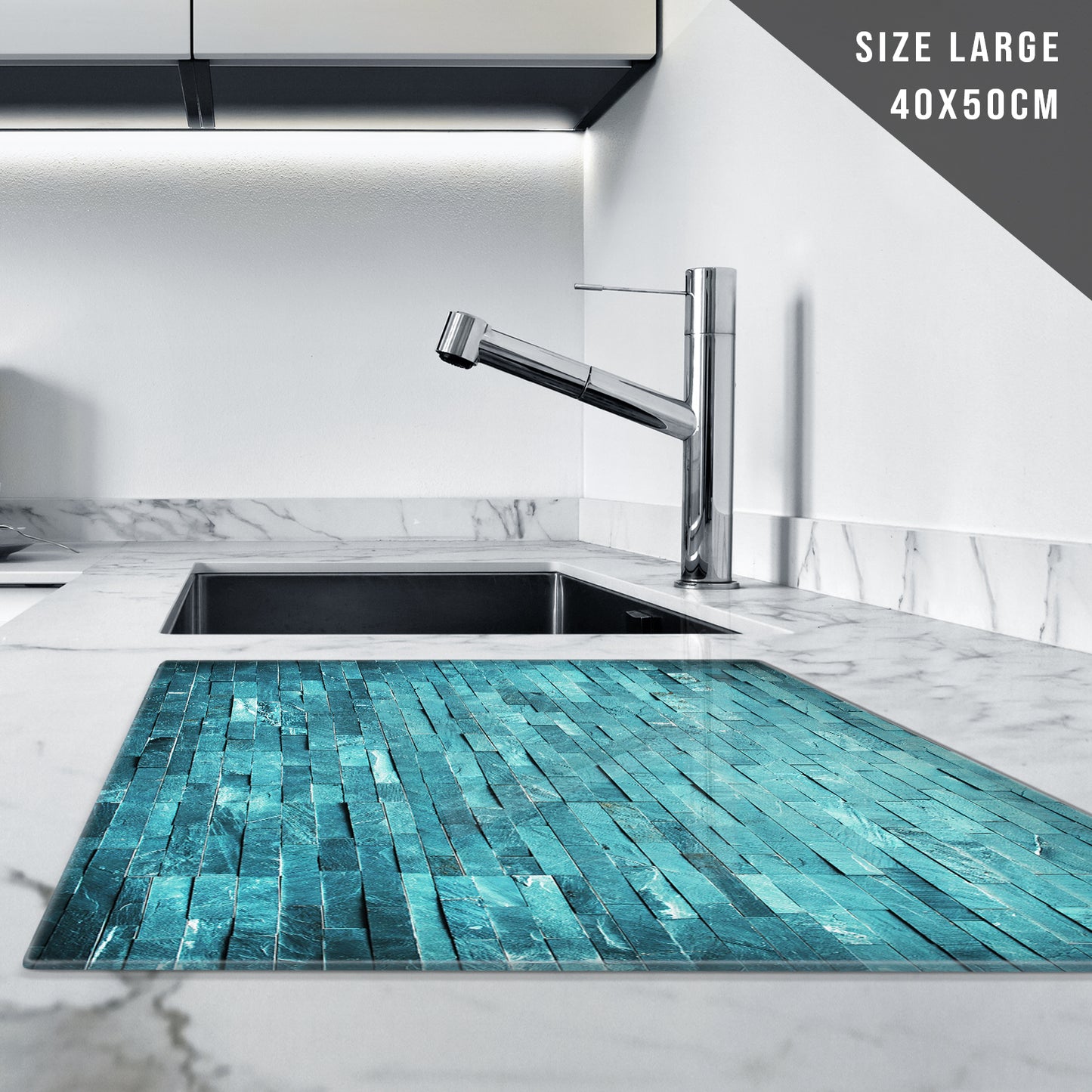 Glass Chopping Board For Kitchen Teal White Brick Effect