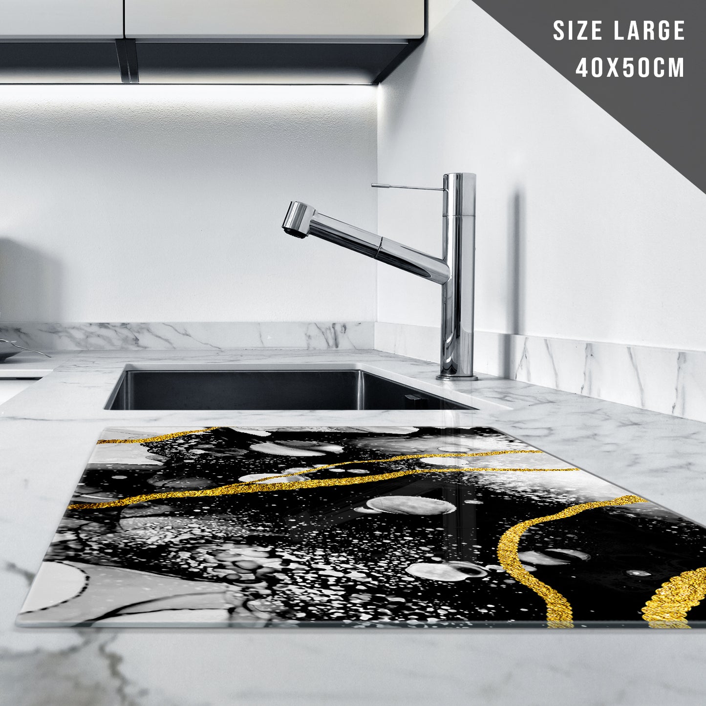 Glass Chopping Board for Kitchen in Black Gold Grey Art Design
