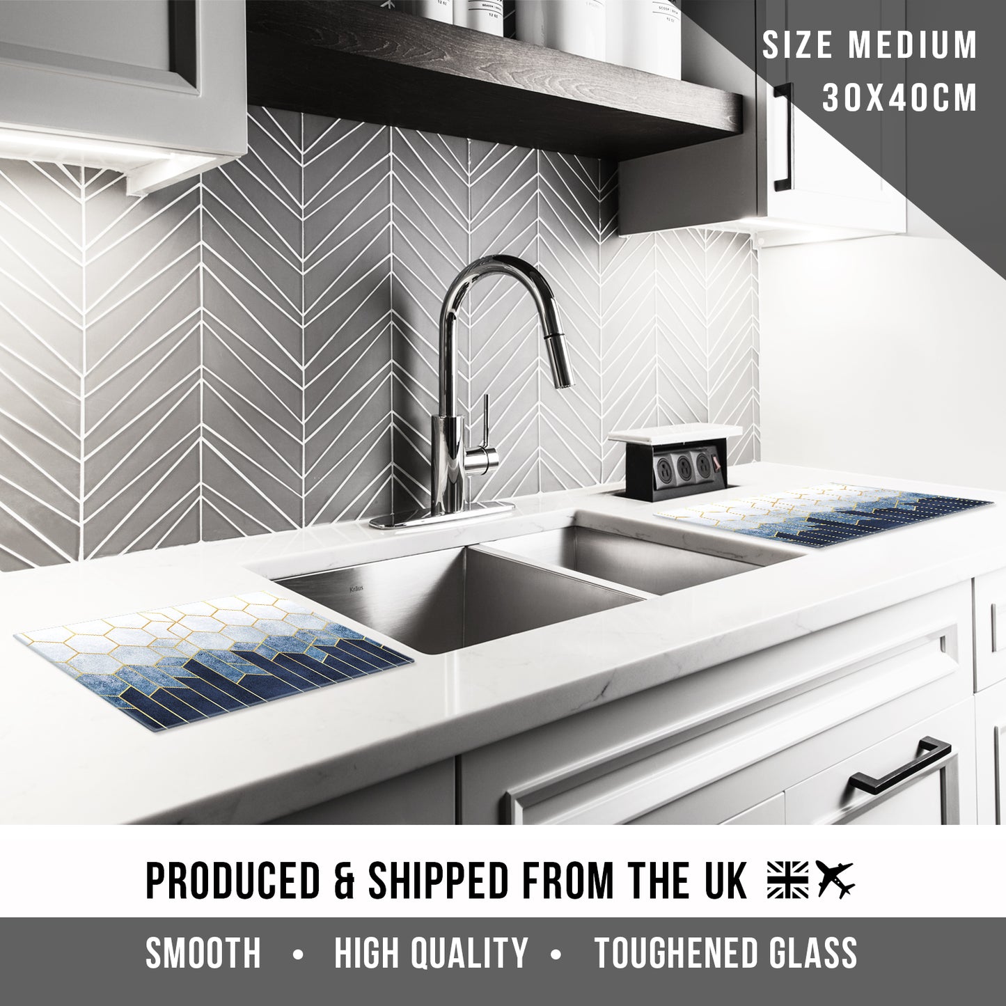 Glass Chopping Board For Kitchen Navy White Gold 5