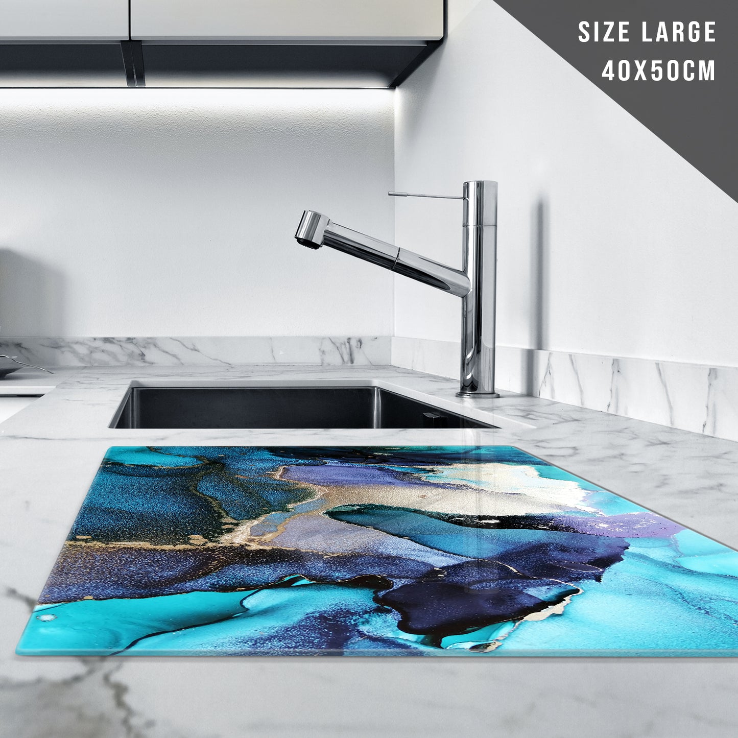 Glass Chopping Board For Kitchen Marble Effect Blue White Gold