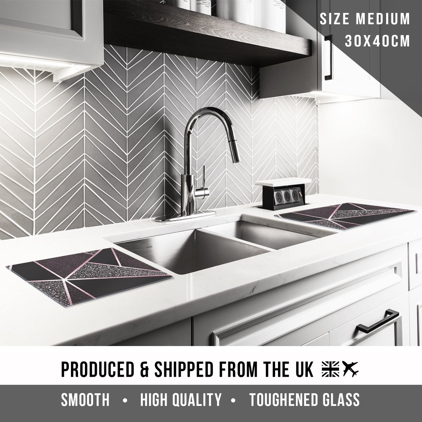 Glass Chopping Board in Black Pink Geometric Design 3