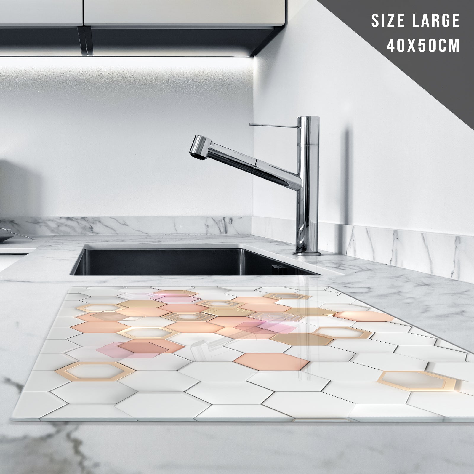 Glass Chopping Board For Kitchen White Pink Geometric