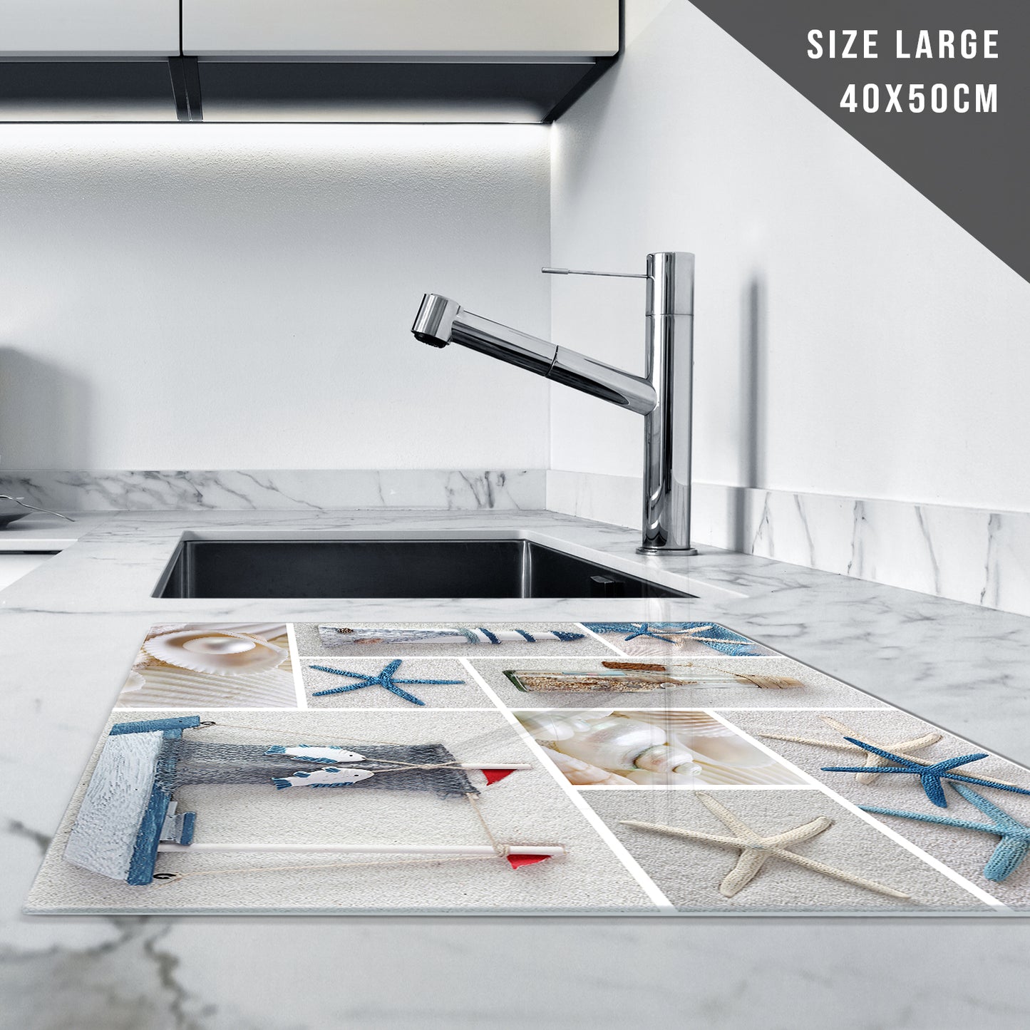 Glass Chopping Board for Kitchen in Blue White Beach Seaside
