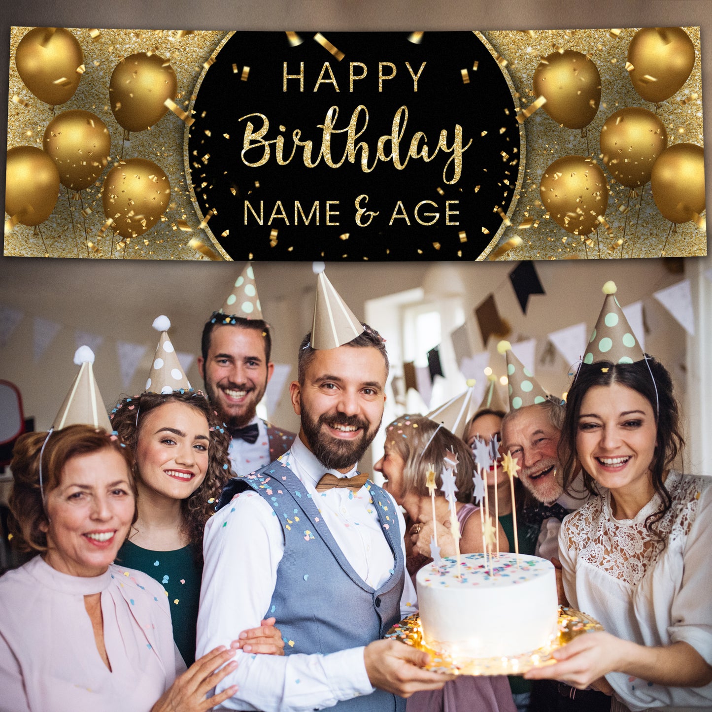 Personalised Birthday Banners in Black Gold Print 2