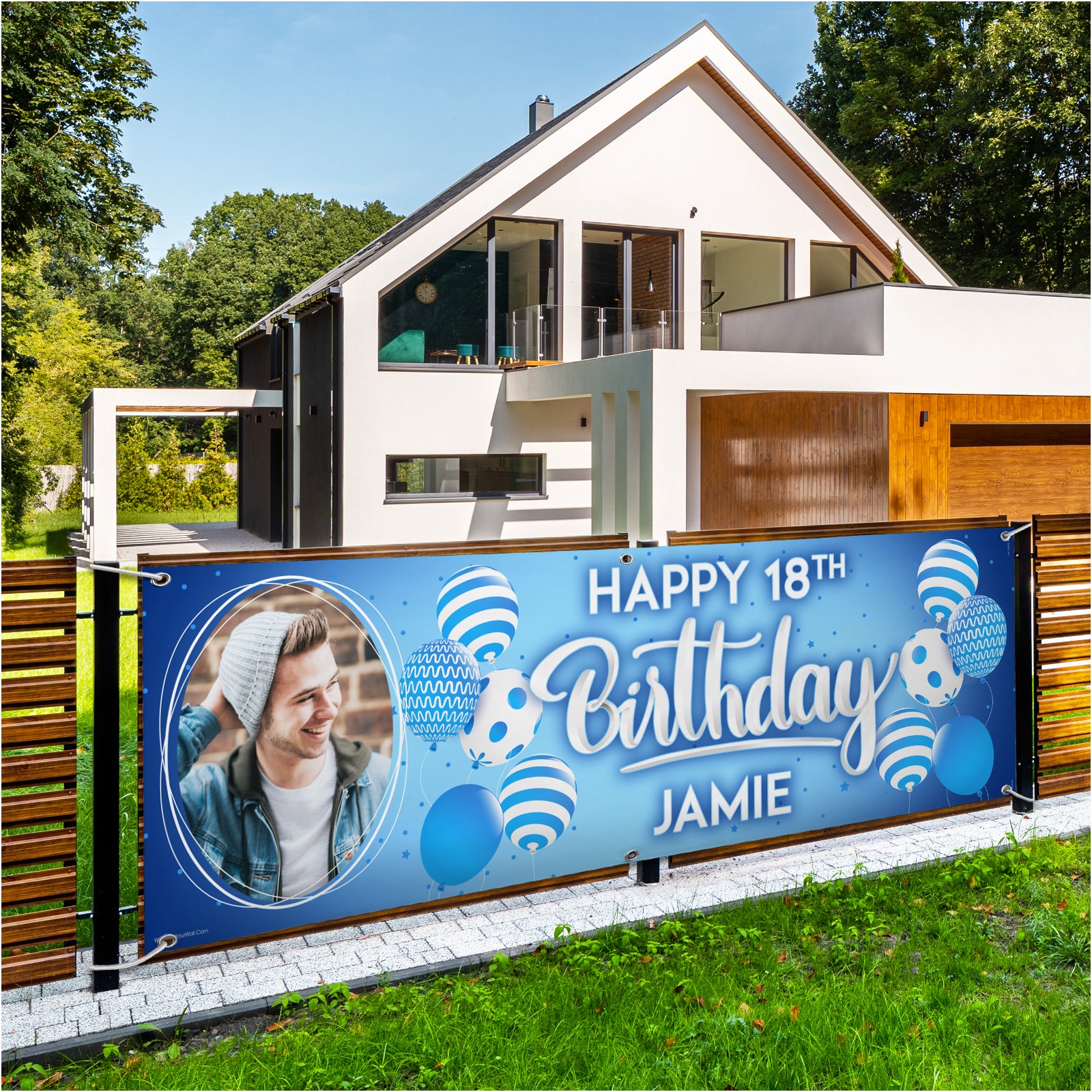 Personalised Birthday Banners Party Decorations in Blue Balloons Design