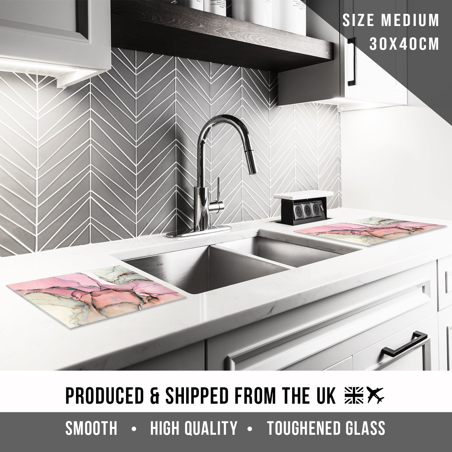 Glass Chopping Board For Kitchen Grey Pink Marble Print Design4