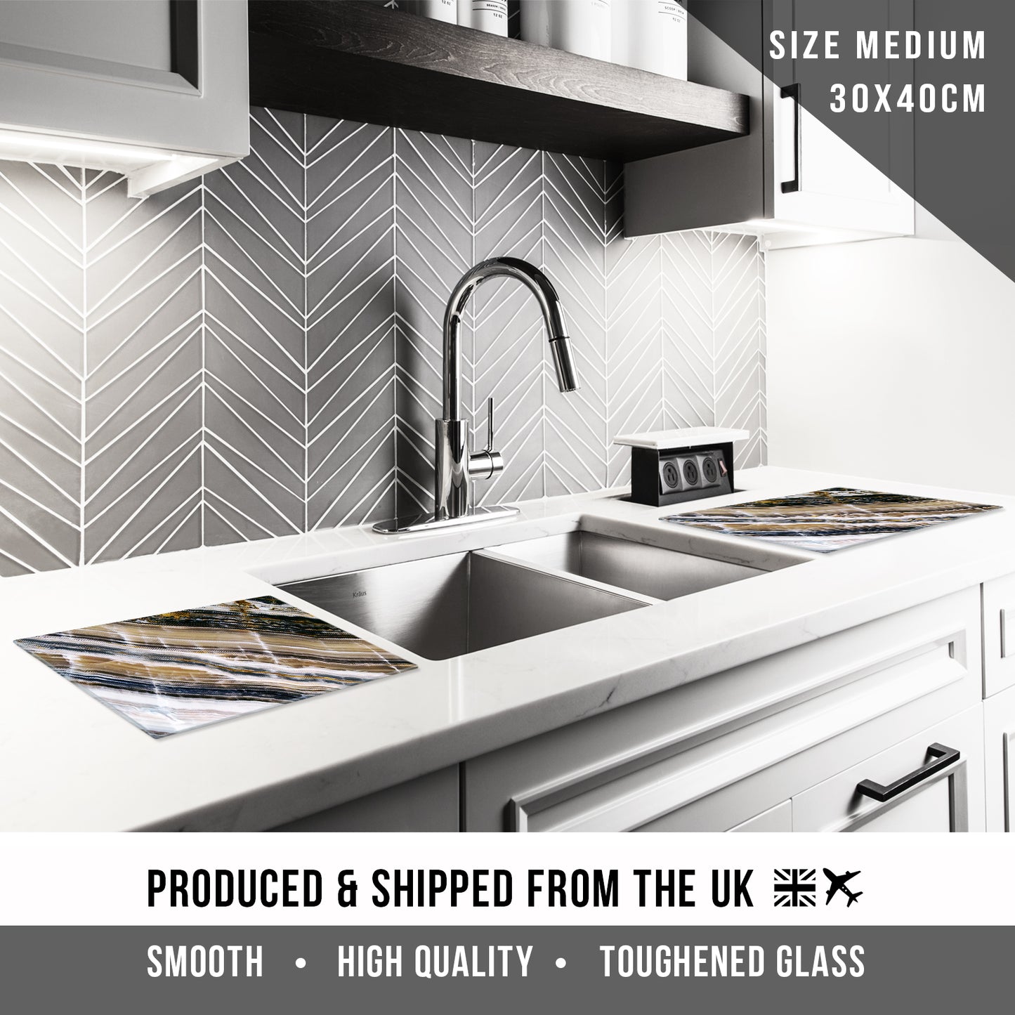 Glass Chopping Board For Kitchen White Black Gold Design 2