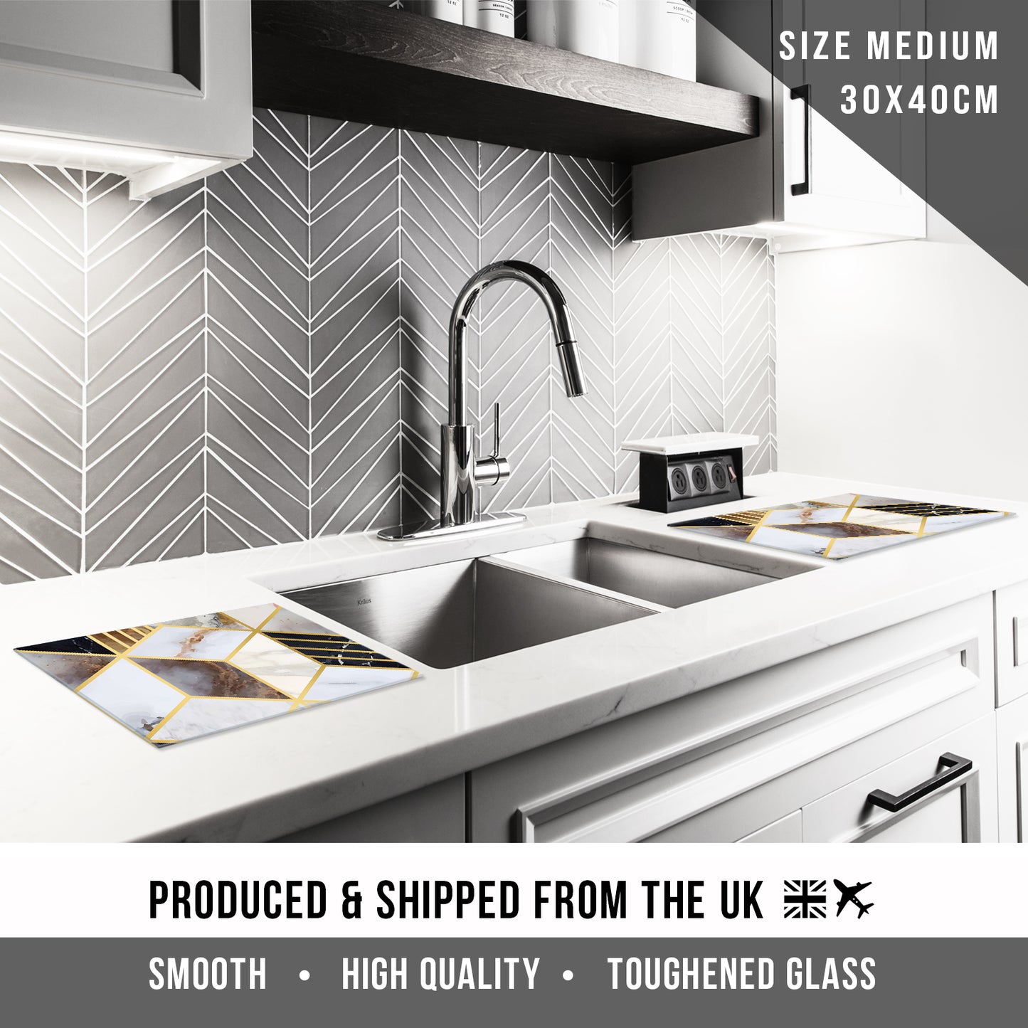 Glass Chopping Board for Kitchen in Geometric Black Gold Design3