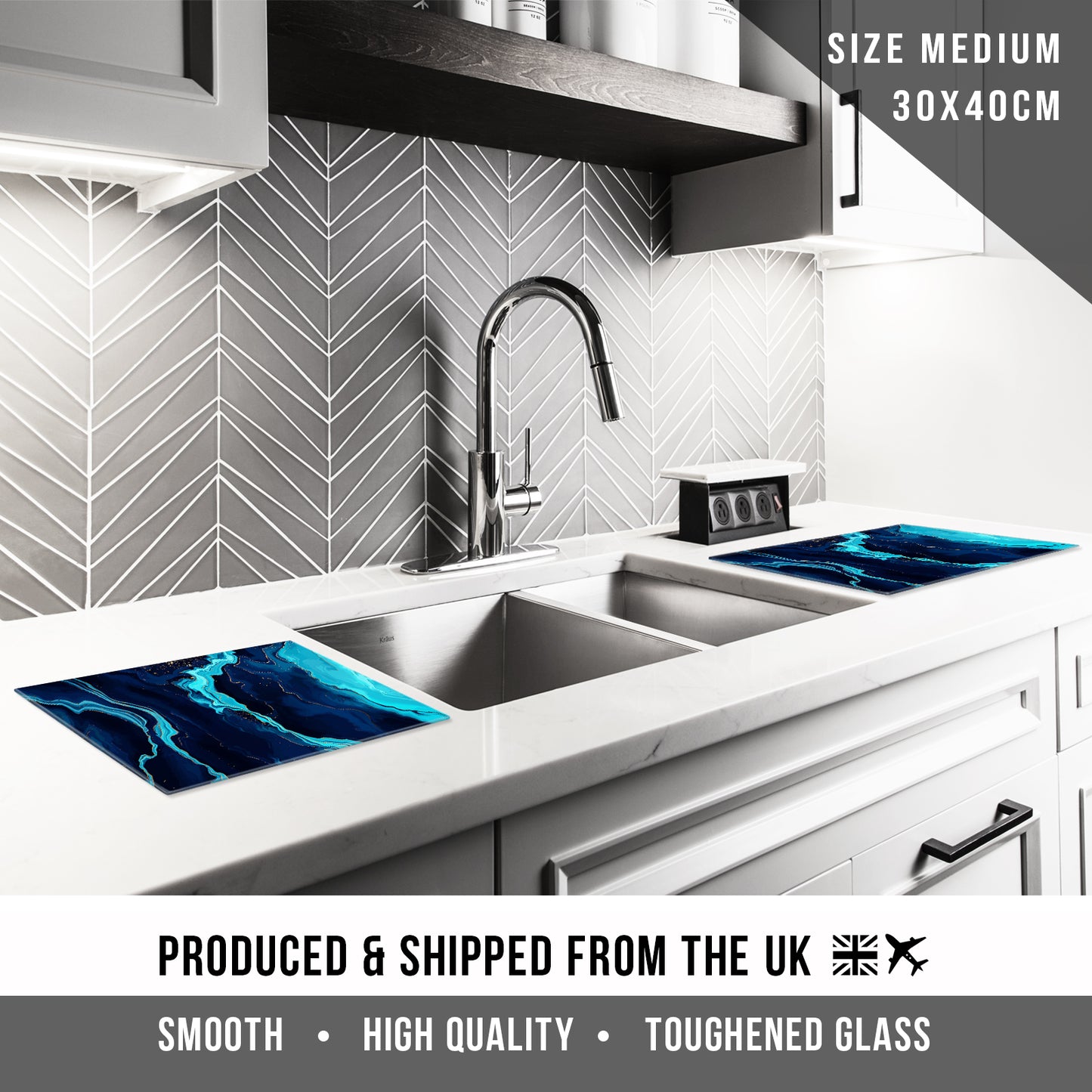 Glass Cutting Board for Kitchen in Teal Navy Gold Design 3