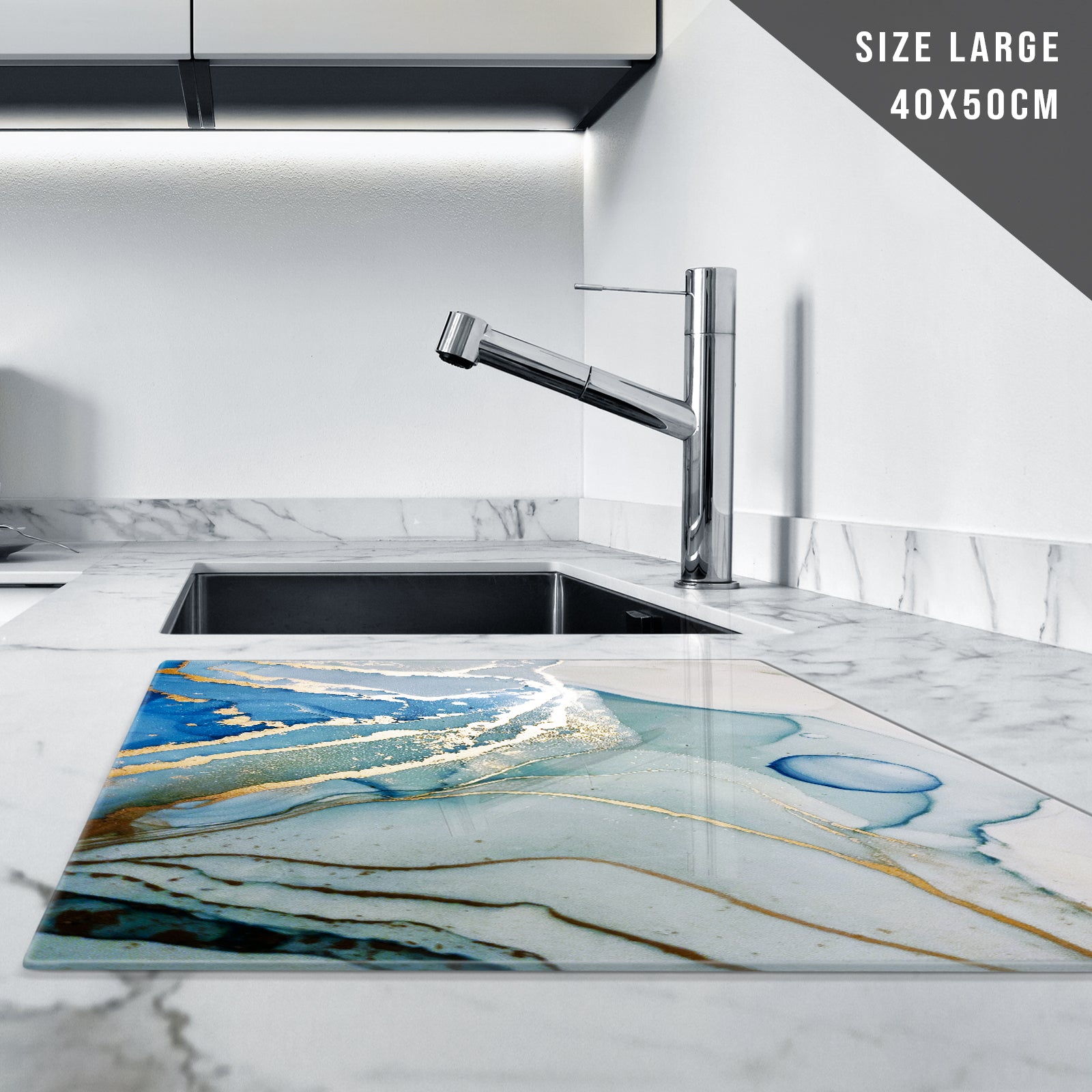 Glass Chopping Board For Kitchen in Gold Teal Blue Design