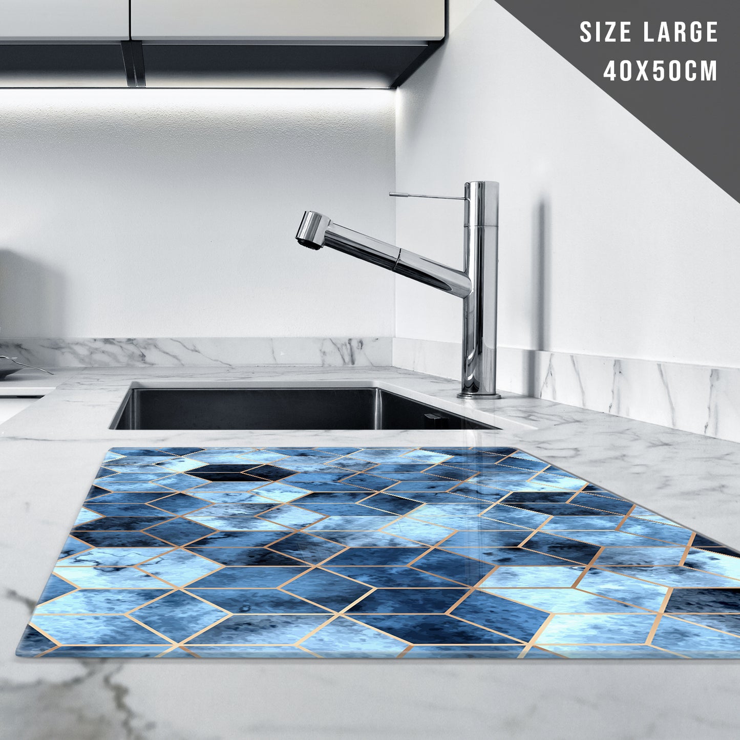 Glass Chopping Board for Kitchen in Geometric Navy Blue