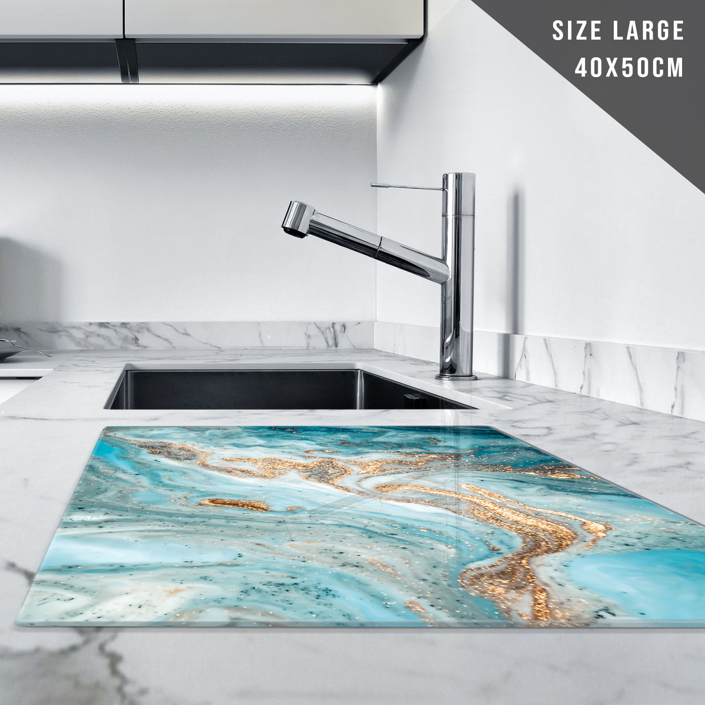 Glass Chopping Board For Kitchen Teal Gold White