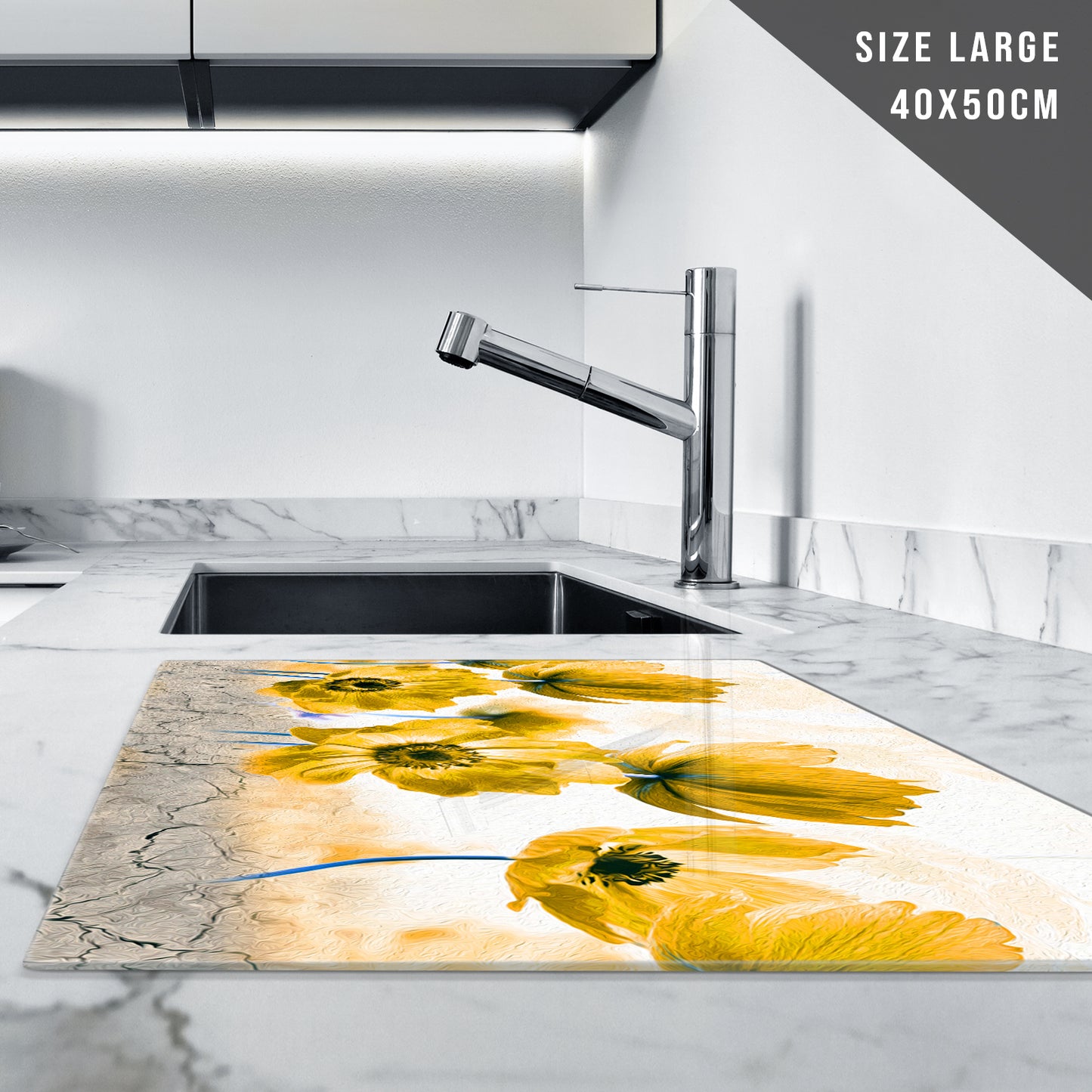 Glass Chopping Board For Kitchen Yellow White Flowers