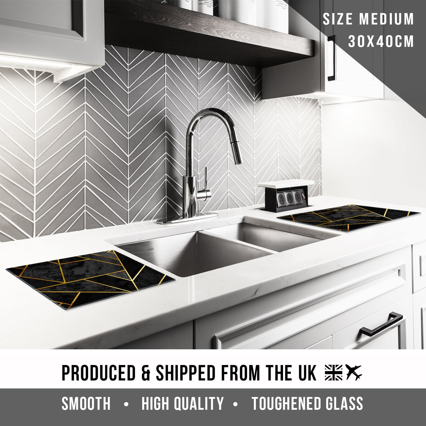 Glass Chopping Board for Kitchen in Black Gold Geometric Design 4
