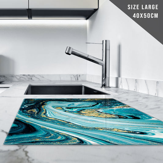 Glass Chopping Board For Kitchen Marble Effect Teal Black Gold