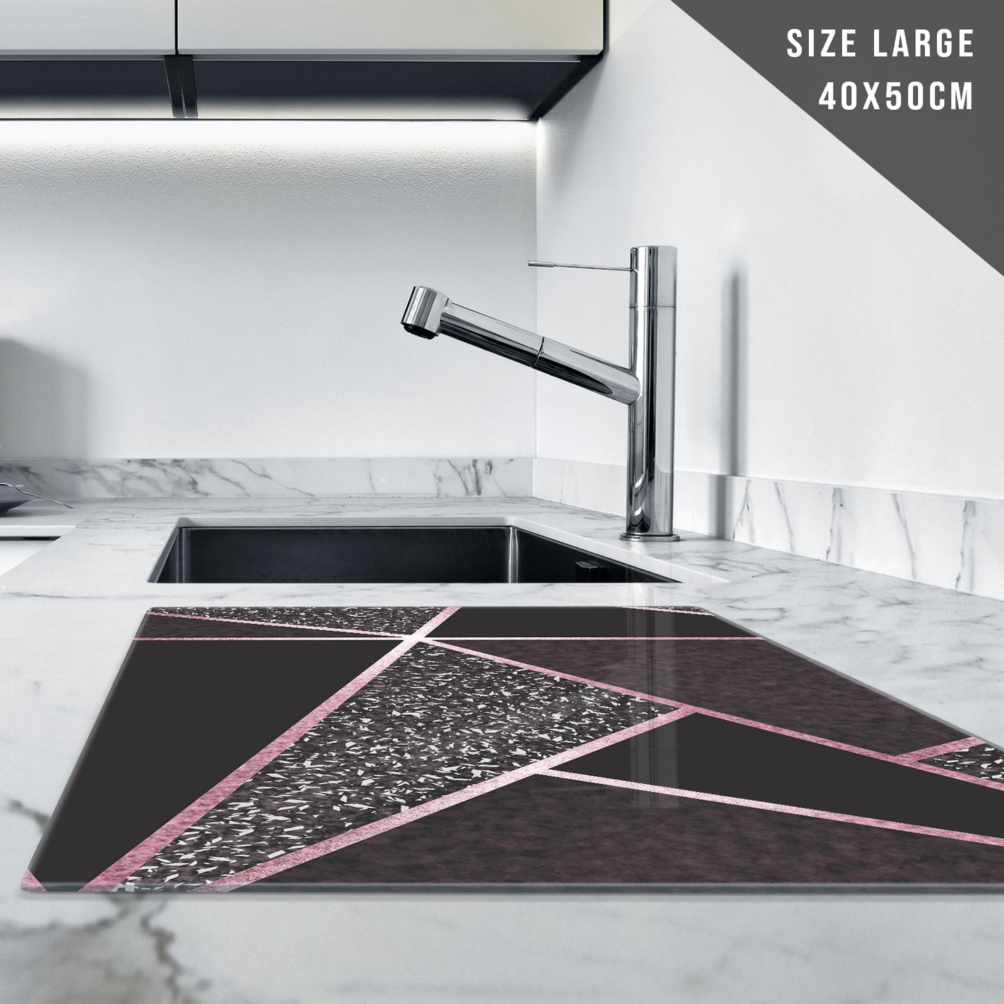Glass Chopping Board in Black Pink Geometric Design