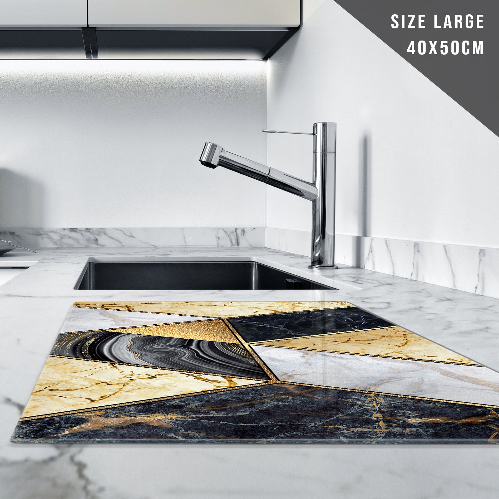 Glass Chopping Board for Kitchen in Geometric Black Gold Design