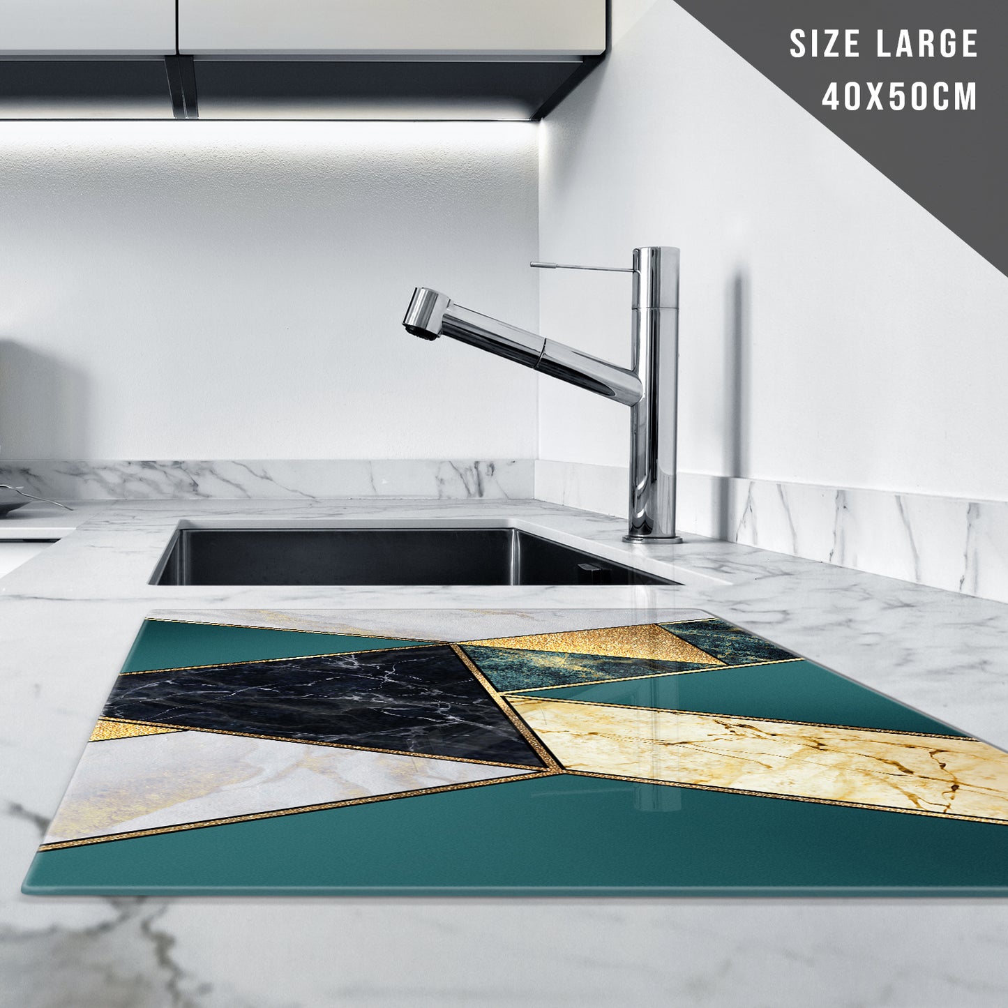 Glass Chopping Board for Kitchen in Geometric Teal Black Gold design