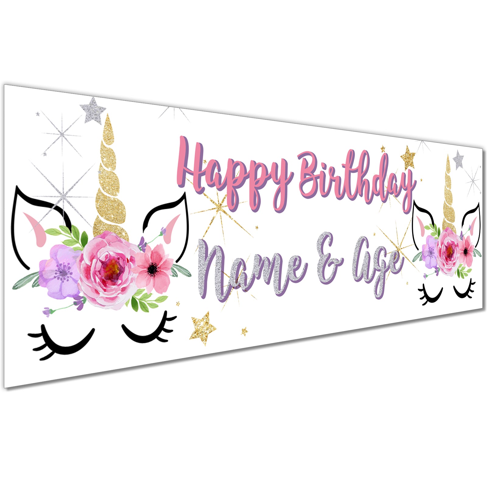 Kids Birthday Banners With Name in Pink Unicorn Butterfly Design