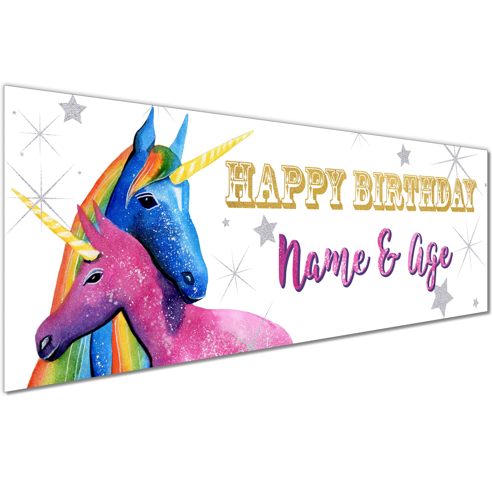 Kids Birthday Banners With Name in Pink Unicorns Design