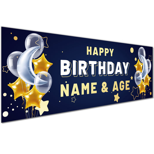 Kids Birthday Banners With Name in Blue Stars Design