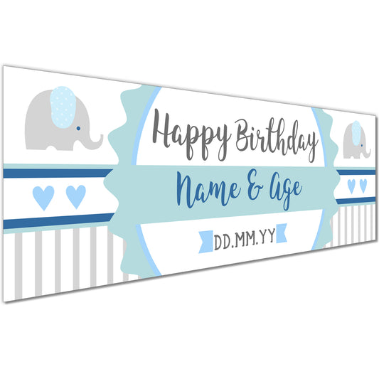 Kids Birthday Banners With Name in Blue Elephant Design