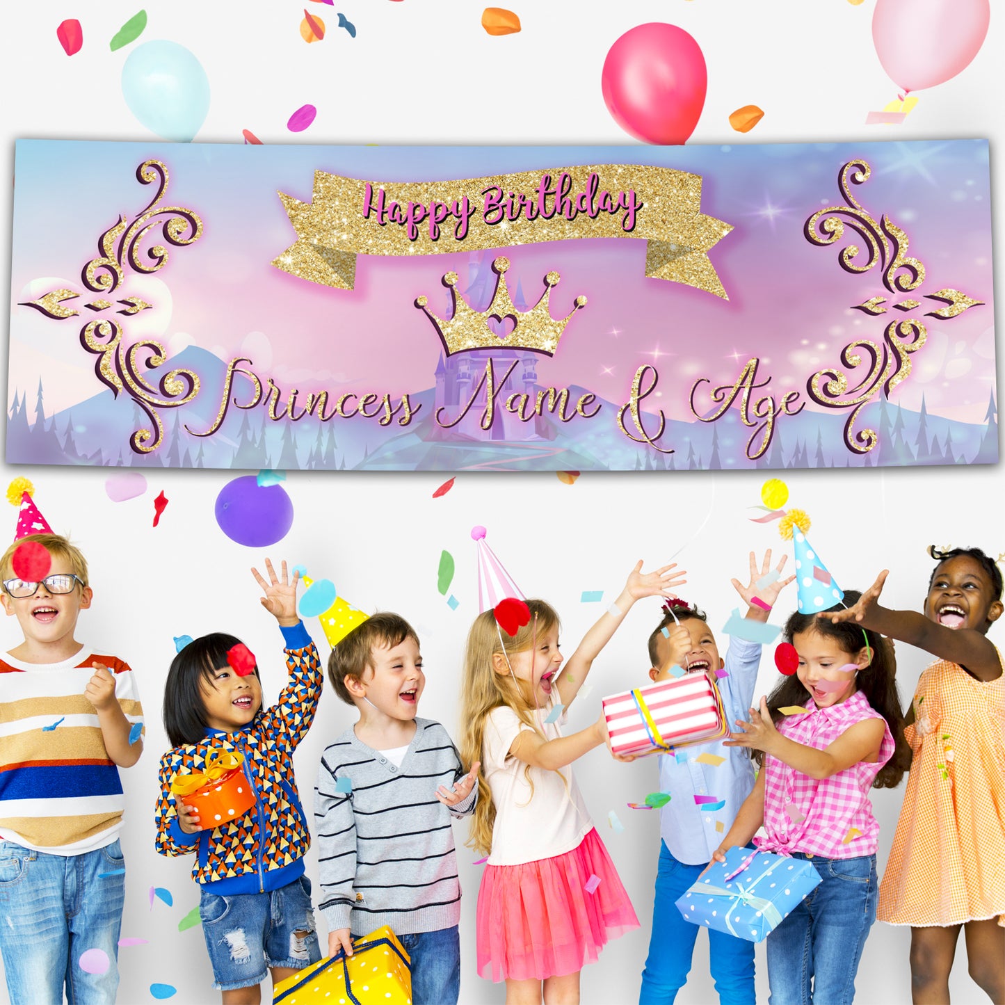 Kids Personalised Birthday Banners in Princess Pink Design