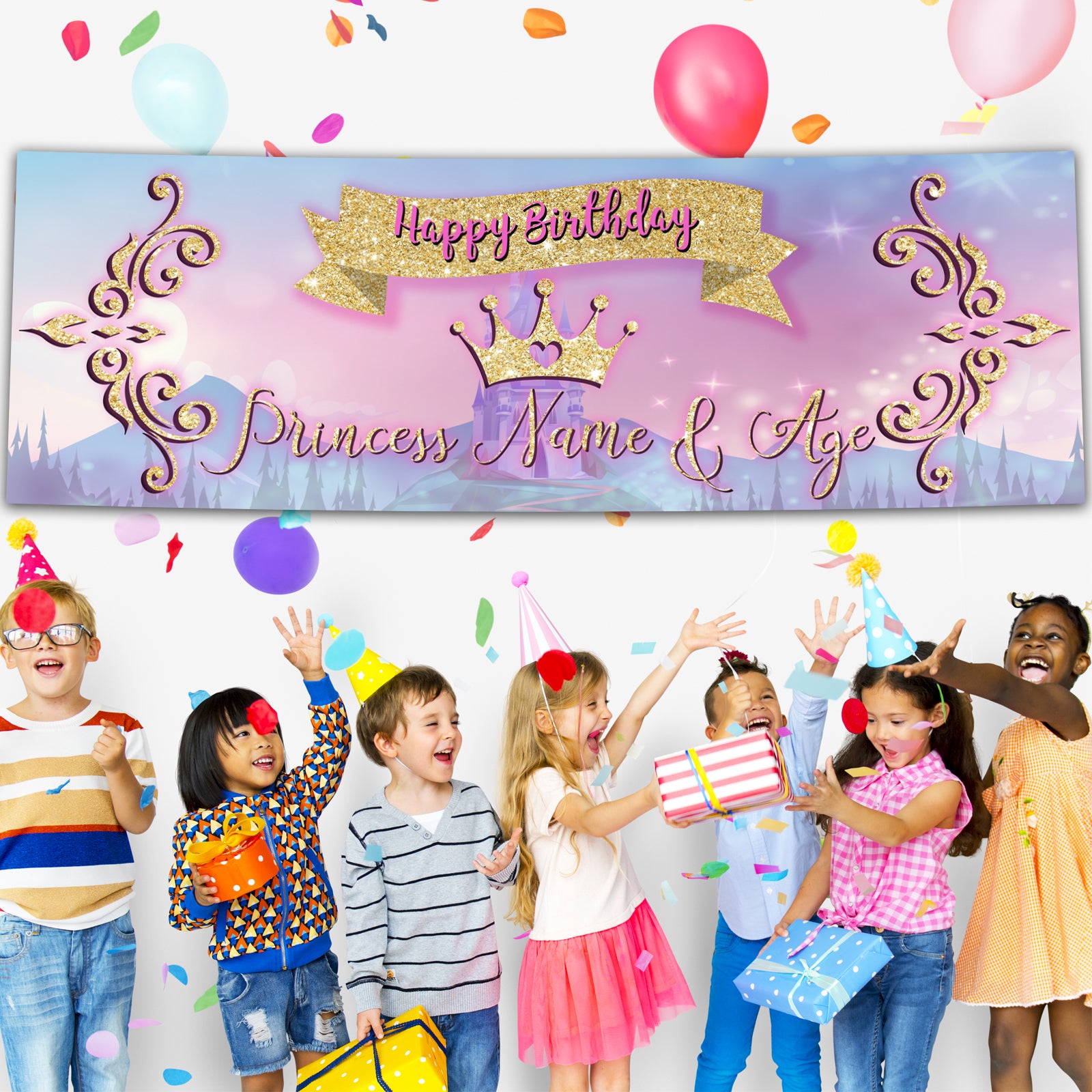 Kids Personalised Birthday Banners in Princess Pink Design