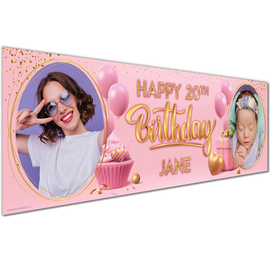 Personalised Birthday Banners in Pink Gold Balloons Design