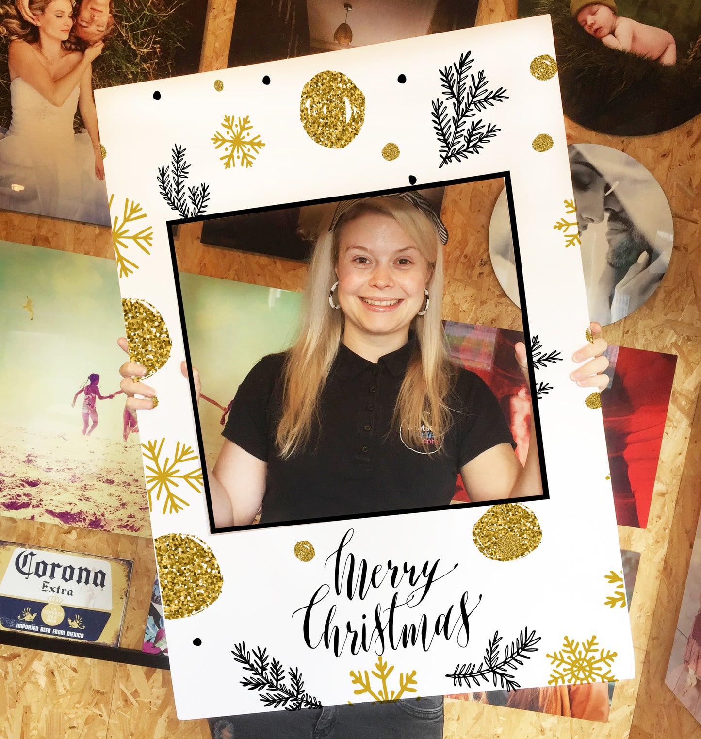 Merry Christmas Gold Personalised Selfie Photo Frame Prop 1