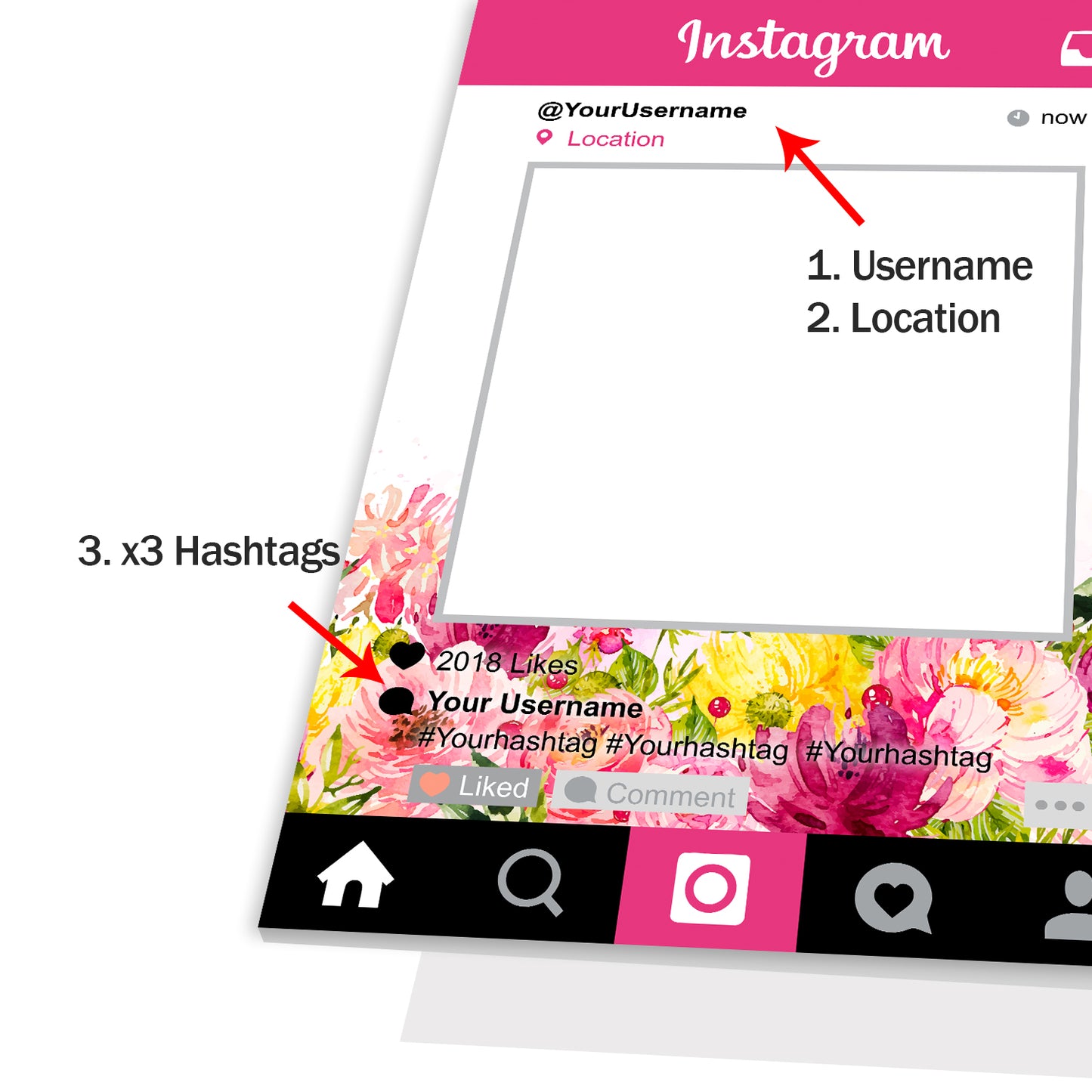 Instagram Social Media Personalised Selfie Frame  Photo Board Pink Floral