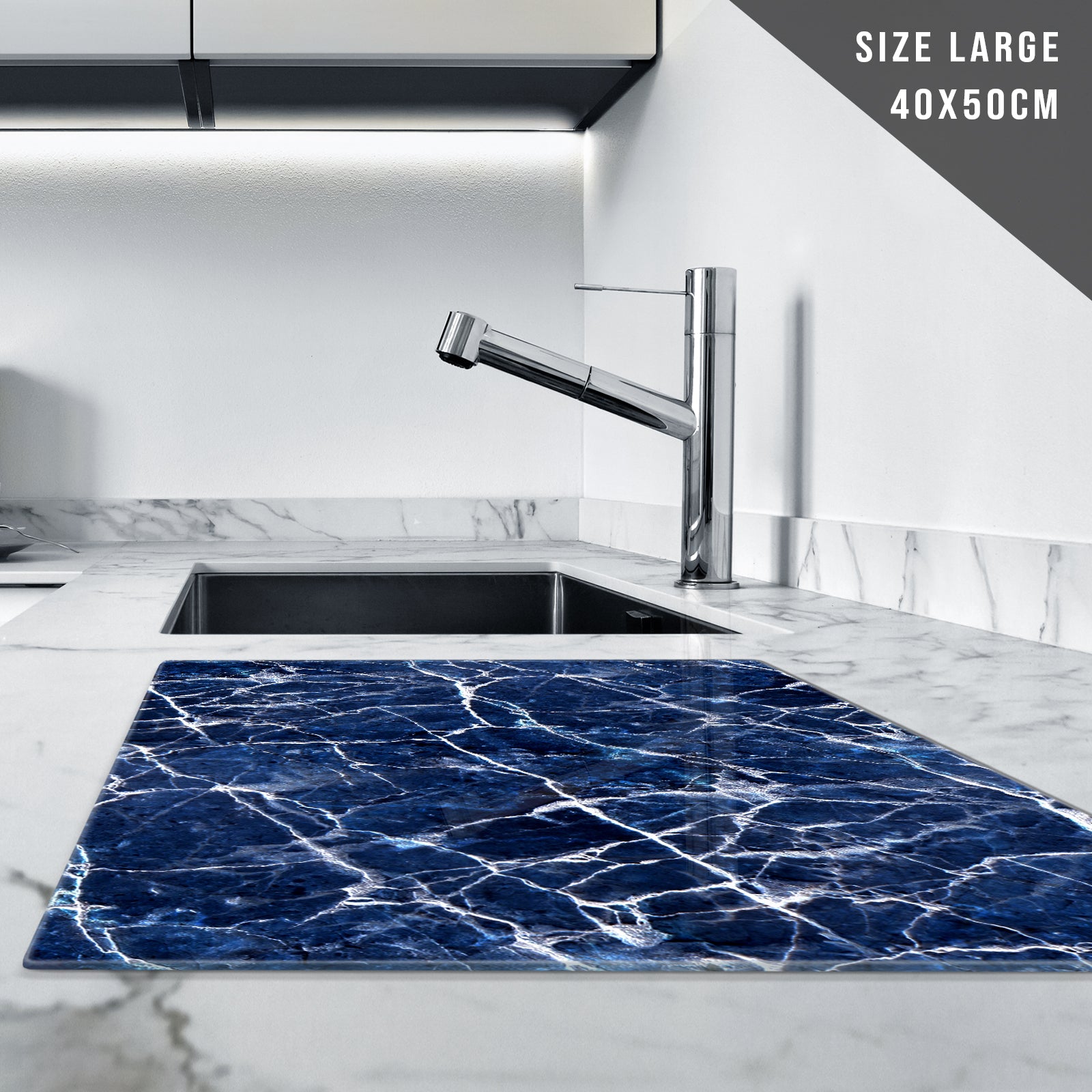 Glass Chopping Board For Kitchen Marble Effect Blue White