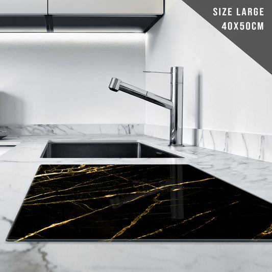 Glass Chopping Board for Kitchen in Black Gold Marble Effect