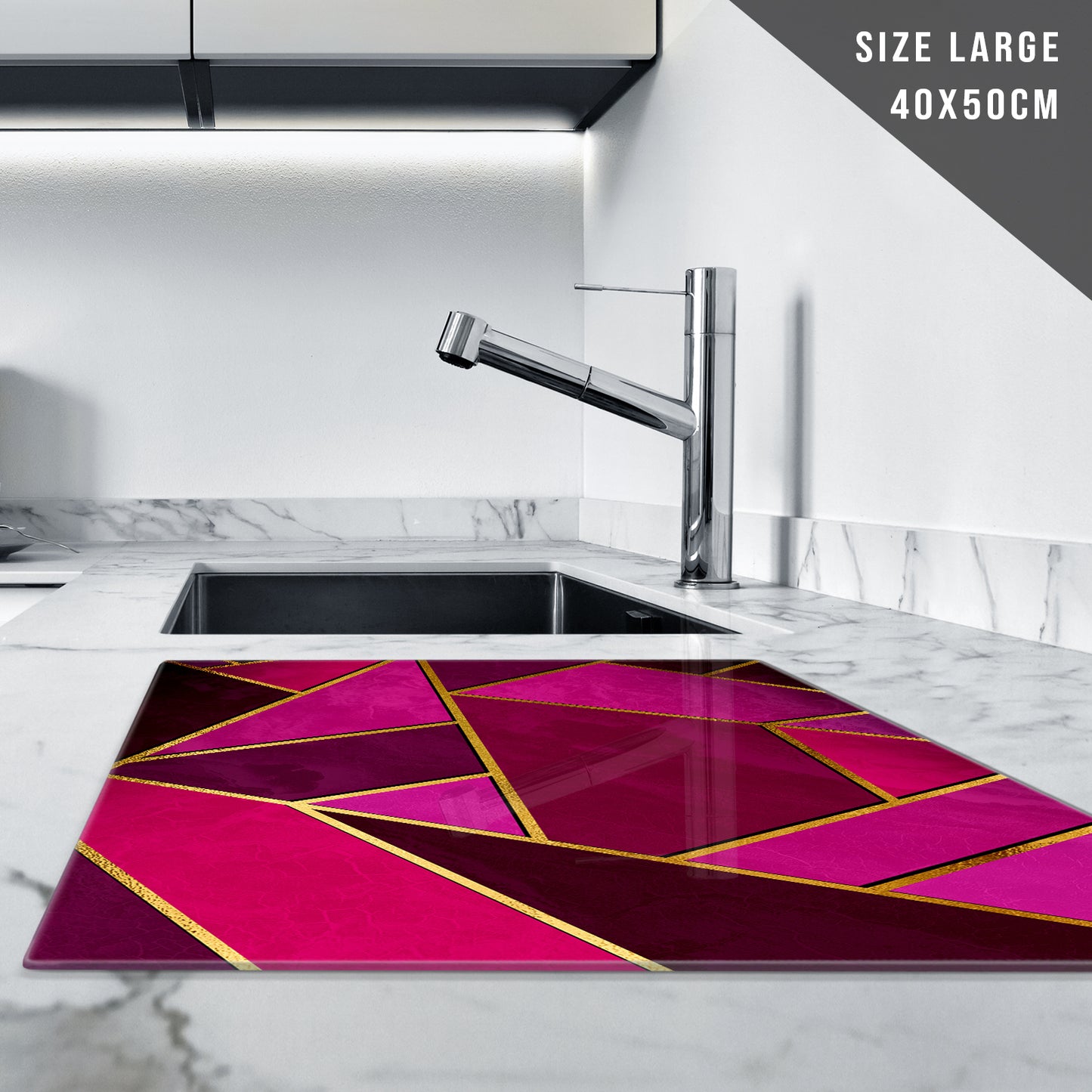 Glass Chopping Board For Kitchen Pink Gold Geometric Design