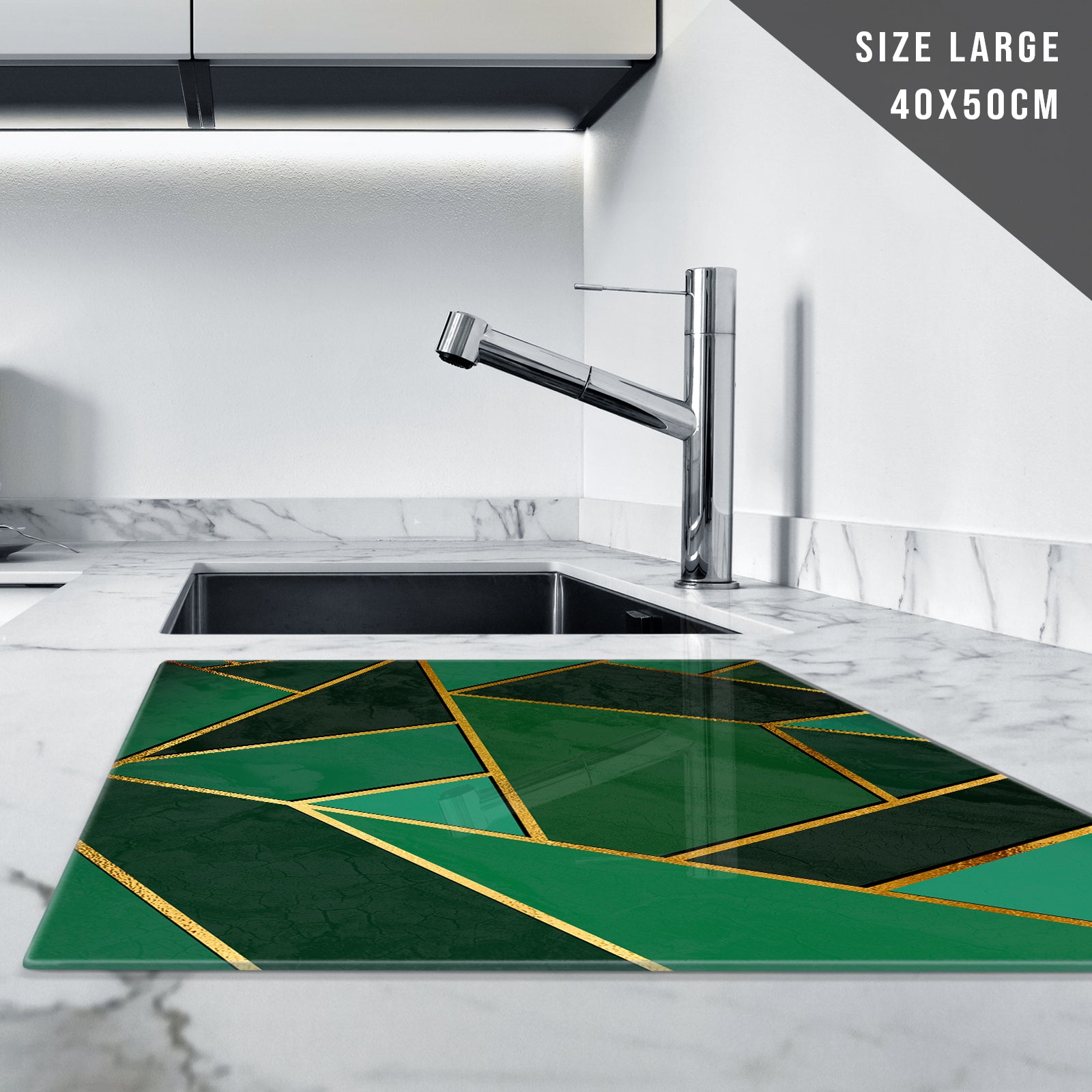 Glass Chopping Board For Kitchen Green Gold Geometric Design