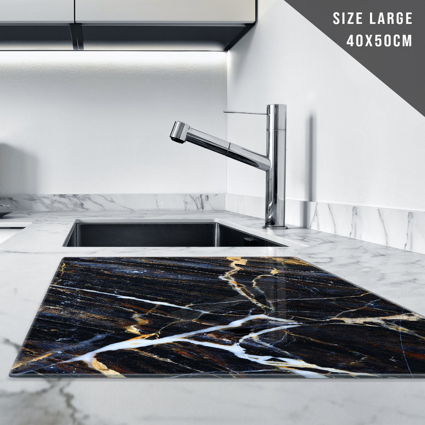 Glass Cutting Board For Kitchen White Black Marble Effect