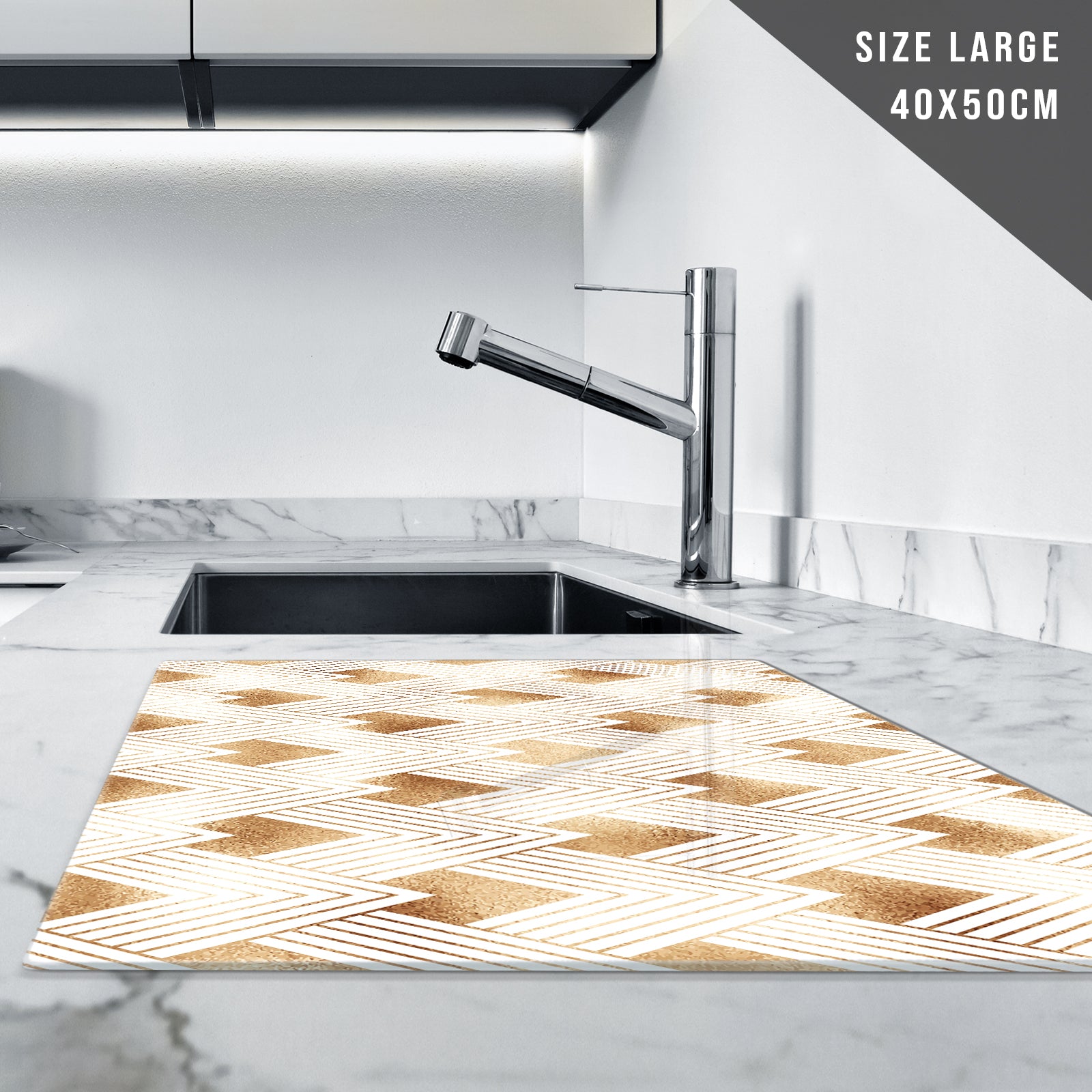 Glass Chopping Board For Kitchen in Gold White Print