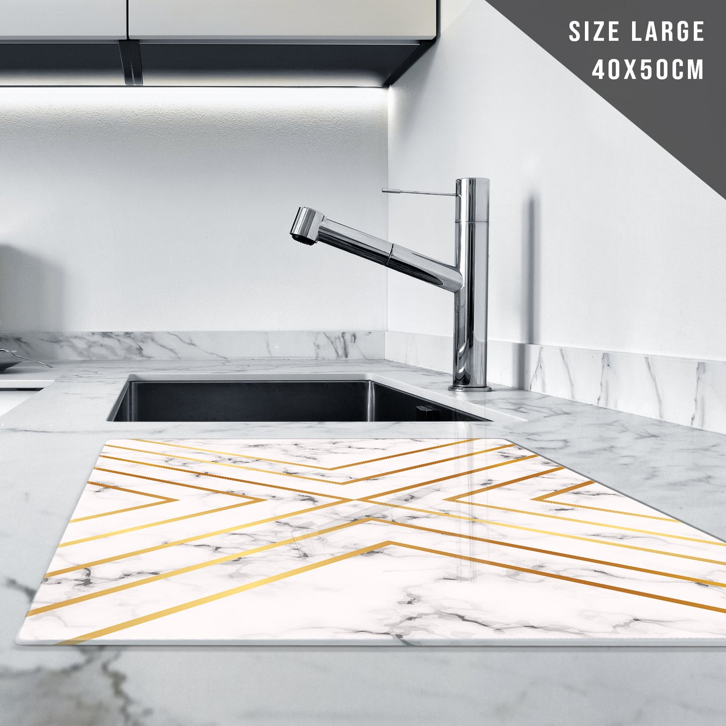 Glass Chopping Board For Kitchen in Gold Marble Effect White Design