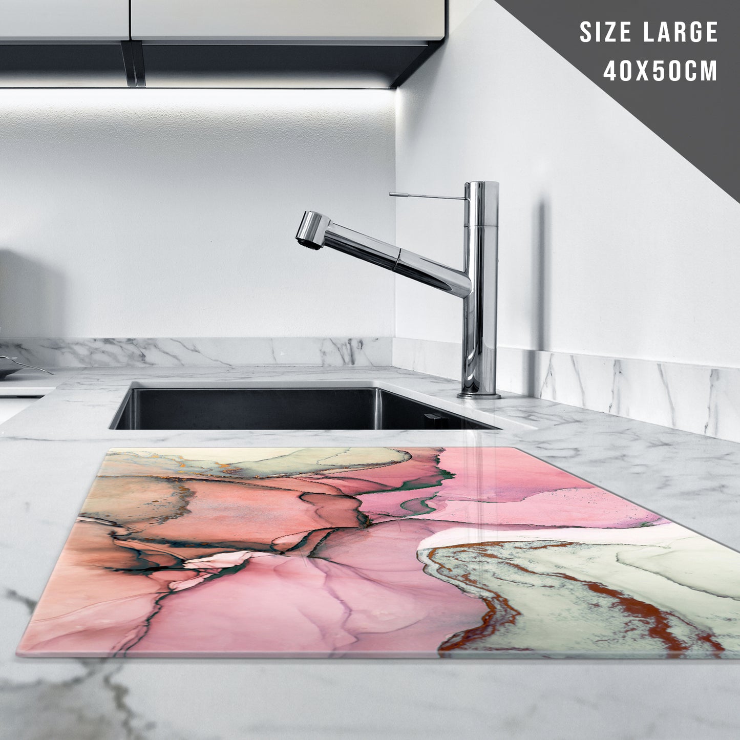Glass Chopping Board For Kitchen Grey Pink Marble Print Design