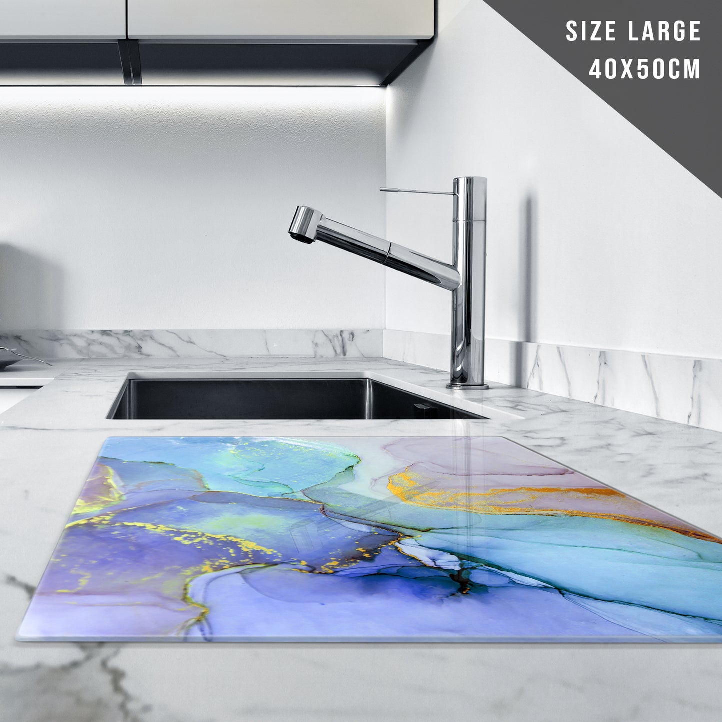 Glass Chopping Board For Kitchen Purple Gold Marble Effect Design
