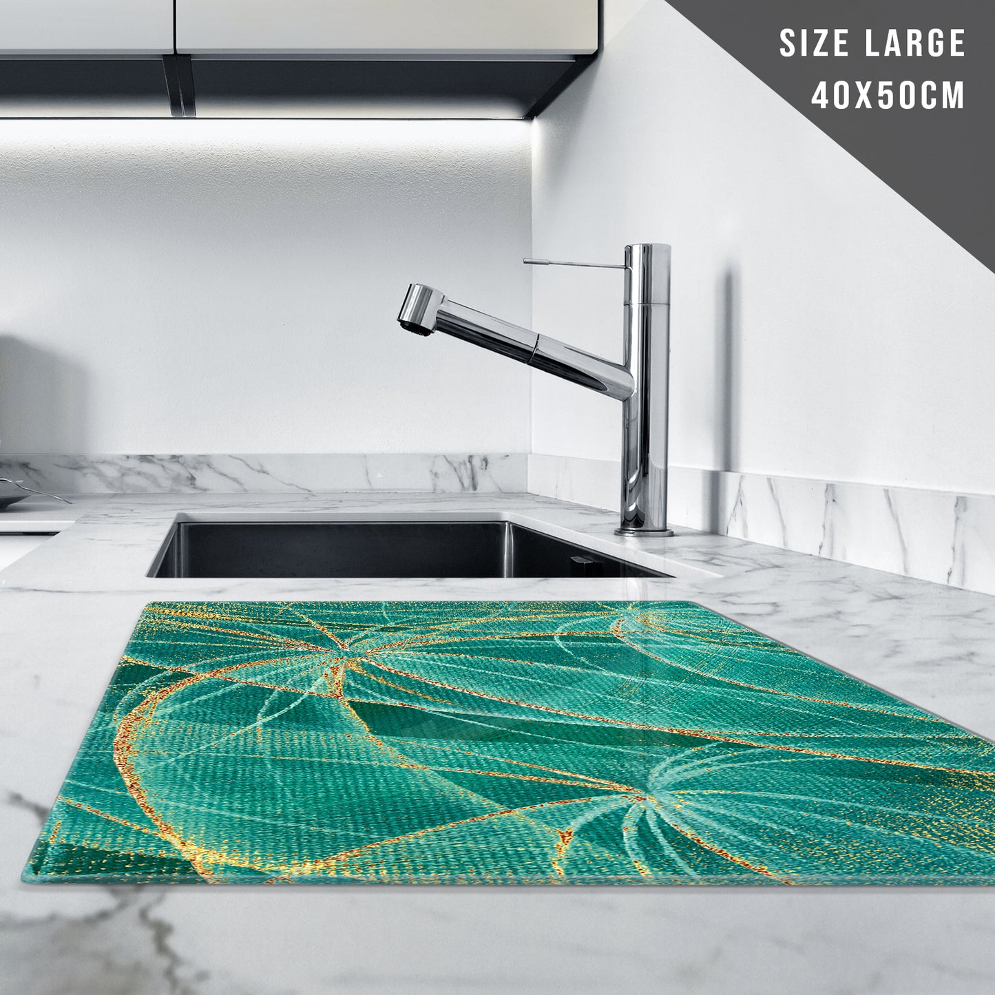 Glass Chopping Board For Kitchen Green Gold Pattern Design