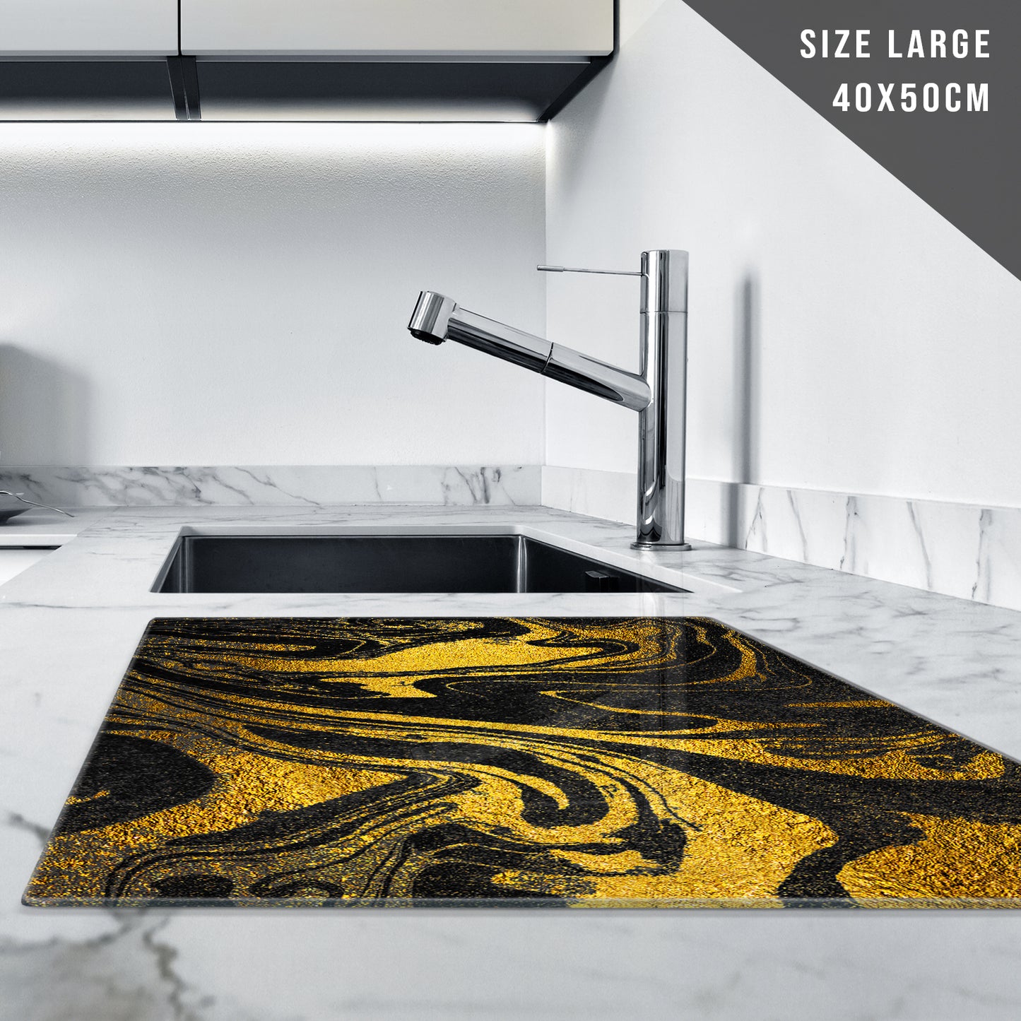 Glass Chopping Board for Kitchen in Gold Black Art Design
