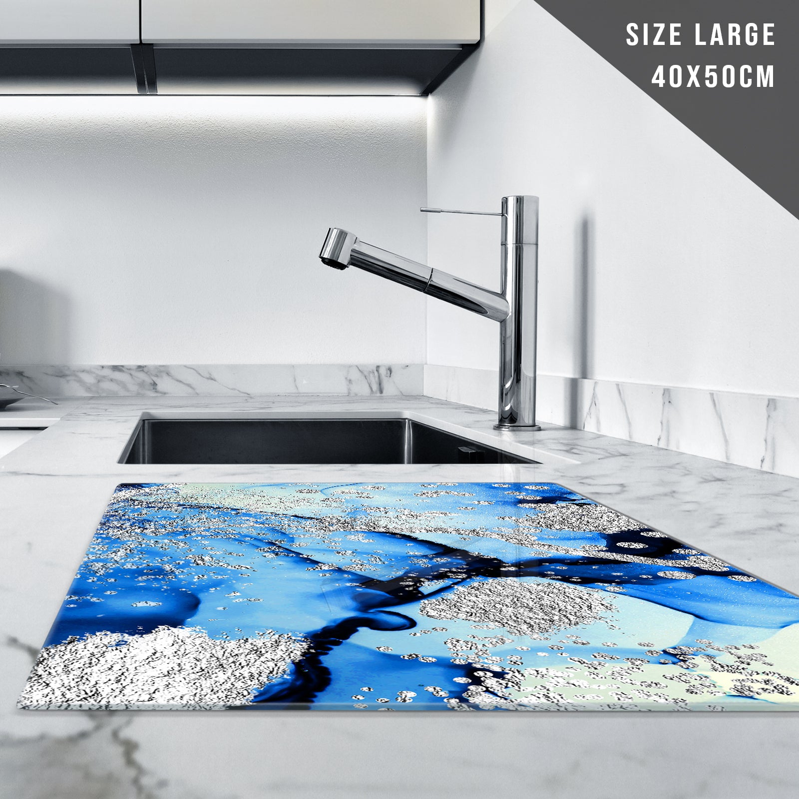 Glass Chopping Board for Kitchen in Blue Black Silver Design