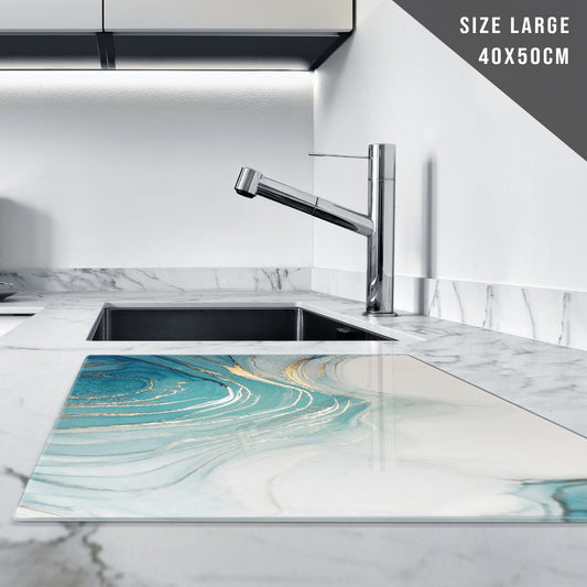 Glass Chopping Board For Kitchen in Teal White Gold Design