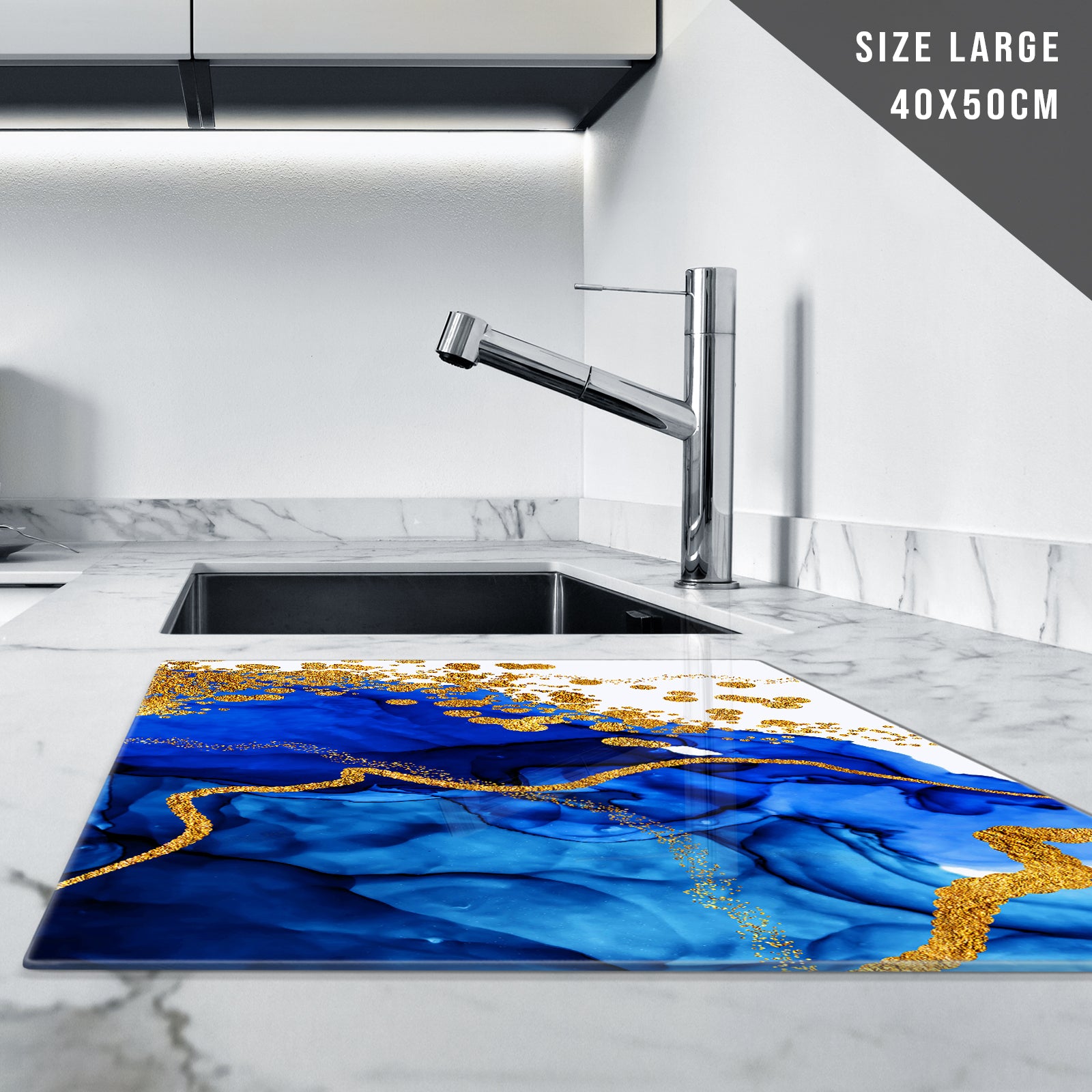 Glass Chopping Board for Kitchen in Blue Gold White Design